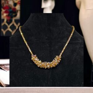 Crystal Beaded Statement Necklace Golden Amber Cluster Vintage Style Evening